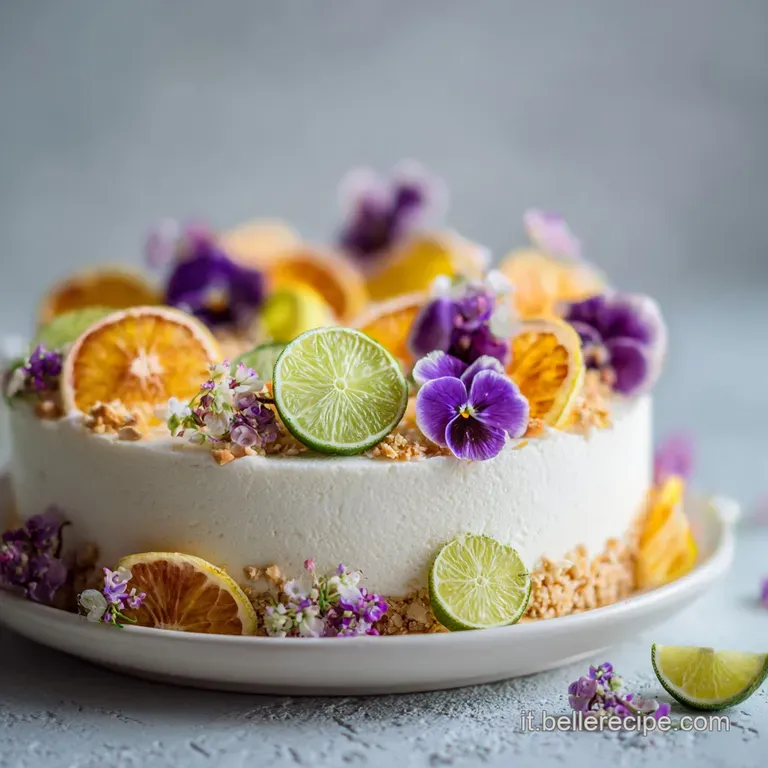 Elegant slice of chilled yogurt cake, adorned with glistening berries and a dusting of cocoa, sitting on a pristine white ...