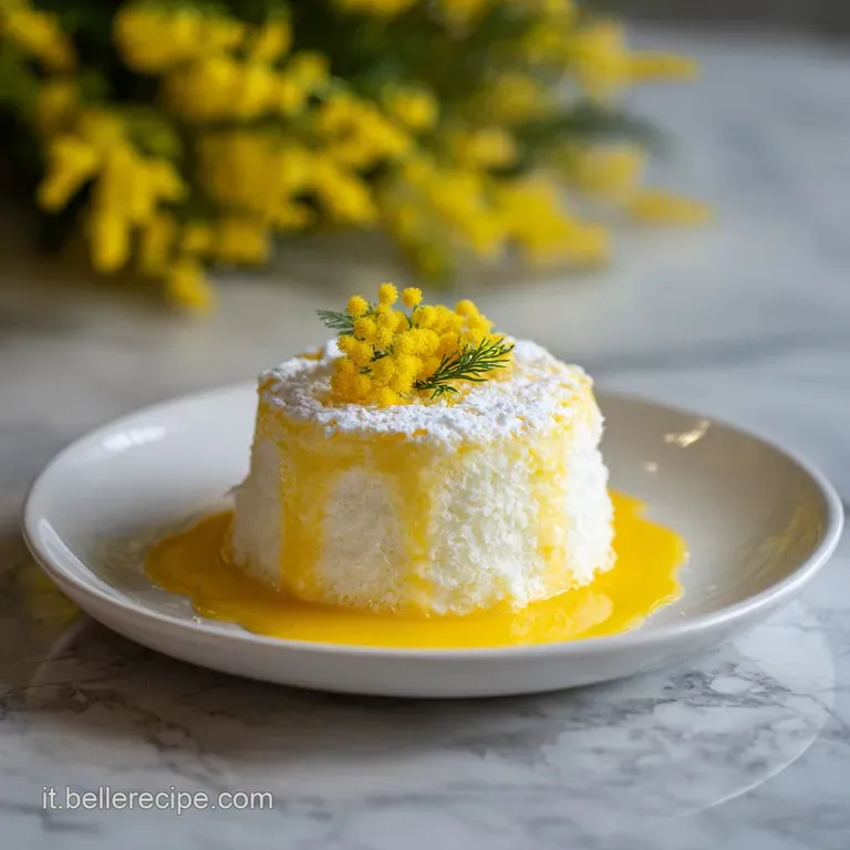 A bright slice of airy, golden cake on a white plate, the fluffy whipped cream frosting dusted with a cloud of powdered su...