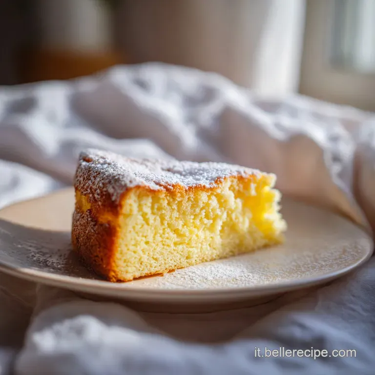 A bright lemon cake slice adorned with fresh mint and a swirl of creamy ricotta on a white plate.