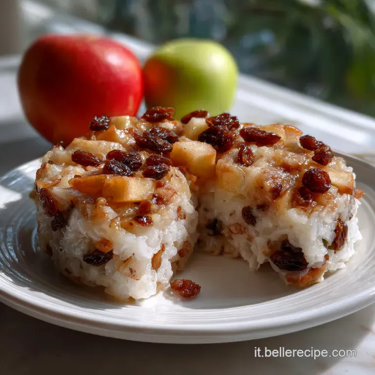 Creamy, golden rice cake slice with glistening caramelized apple topping. A dusting of powdered sugar adds a delicate cont...