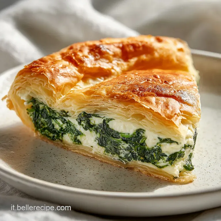 A neat slice of savory tart with melted ricotta and spinach on a white ceramic plate with a fresh herb garnish