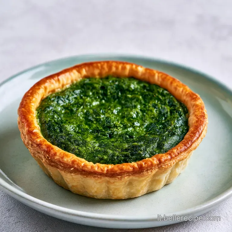 Una fetta di torta salata su piatto bianco, con strati alternati di verde brillante e bianco cremoso, bordo ben cotto.