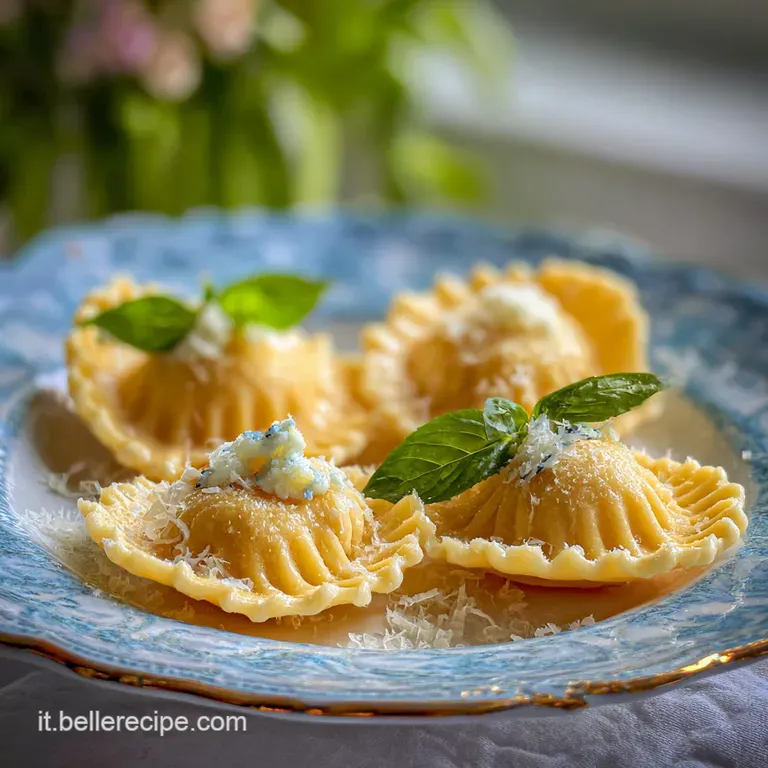 Artfully plated tortelli; sprinkled parmesan & herbs rest in a shimmer of olive oil, hinting at the savory cheese filling.