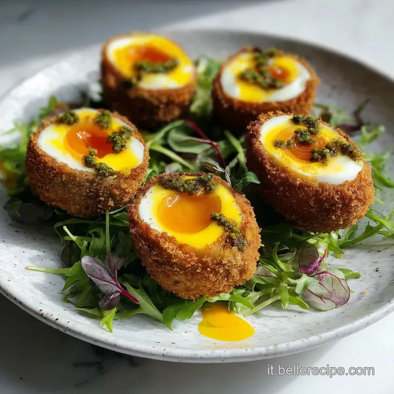 Perfectly plated scotch egg halves showcase juicy sausage and runny yolks, paired with a vibrant green salad for a light c...
