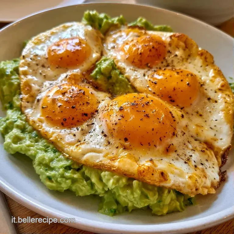 Composizione curata su piatto bianco con avocado a fette, uova morbide e un tocco di erbe aromatiche verde brillante.