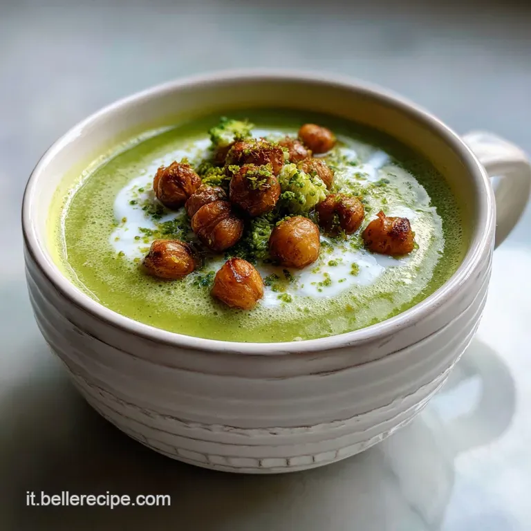 Elegant bowl of bright green broccoli-leek soup, garnished with croutons and fresh herbs. Steam rises softly, a comfortin...