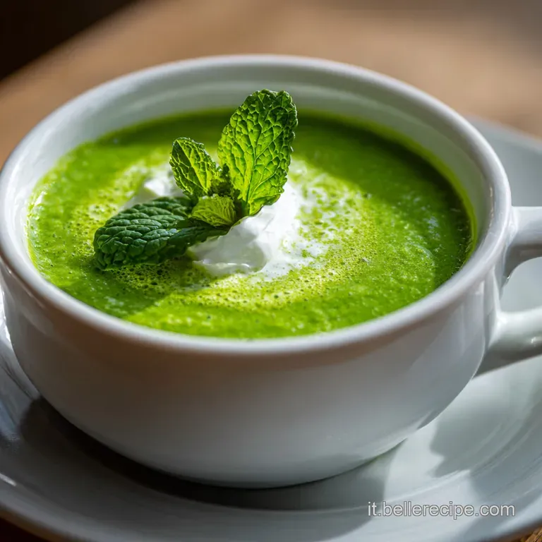Creamy pea and mint soup artfully plated, garnished with microgreens and edible flowers, showcasing a delicate and elegant...