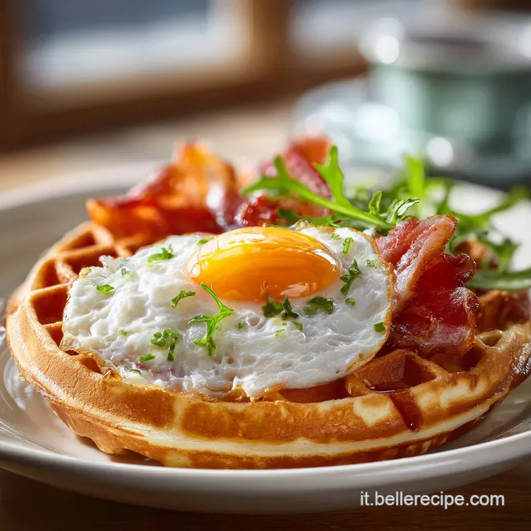 Stacked, golden-brown savory waffles with a sprig of rosemary. Light catches the crispy edges in an elegant plating.