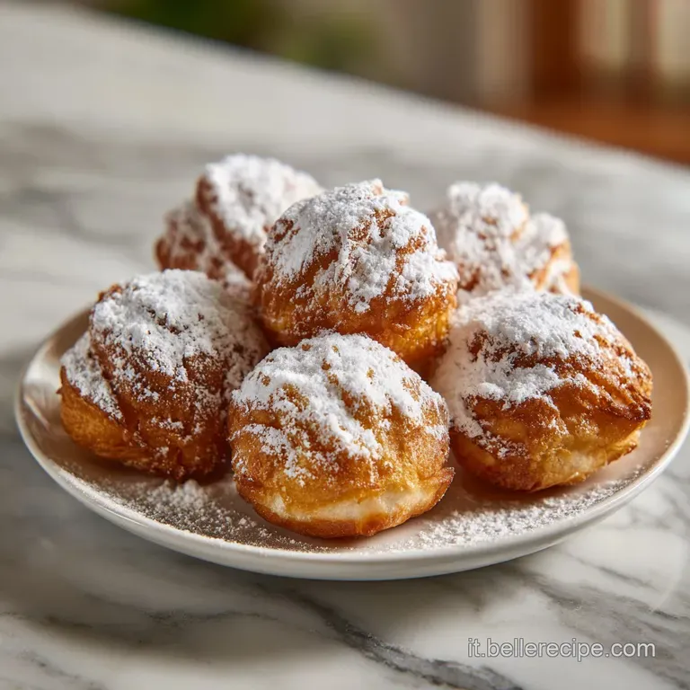 A single zeppola, airy and light, topped with pastry cream and a candied cherry on a pristine white plate.