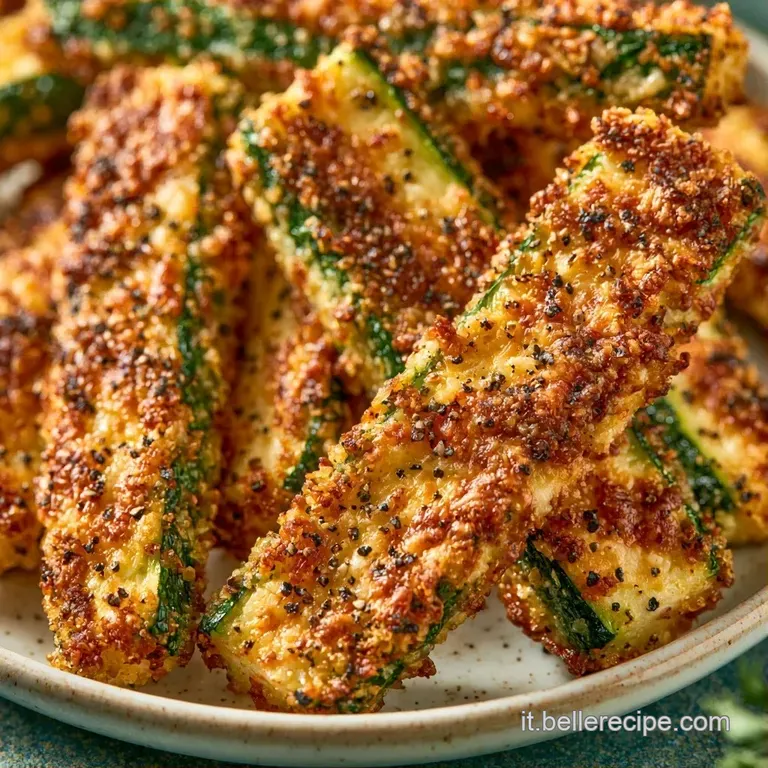 Zucchine fritte dorate impilate con cura, accompagnate da una salsa cremosa bianca in una ciotolina di ceramica chiara.