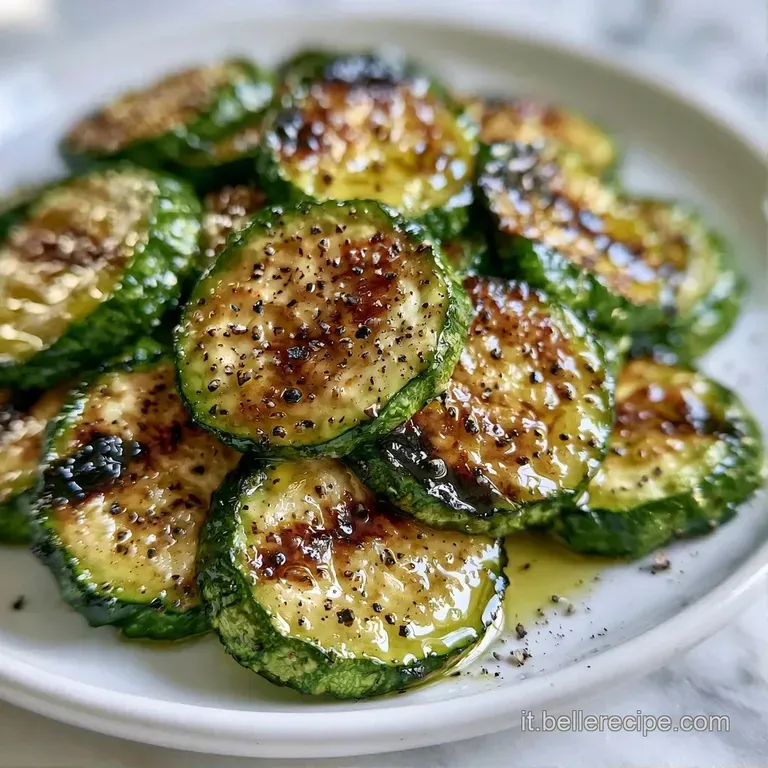 Zucchine grigliate disposte con cura, decorate con un filo d'olio lucido e grani di pepe nero su un piatto moderno.