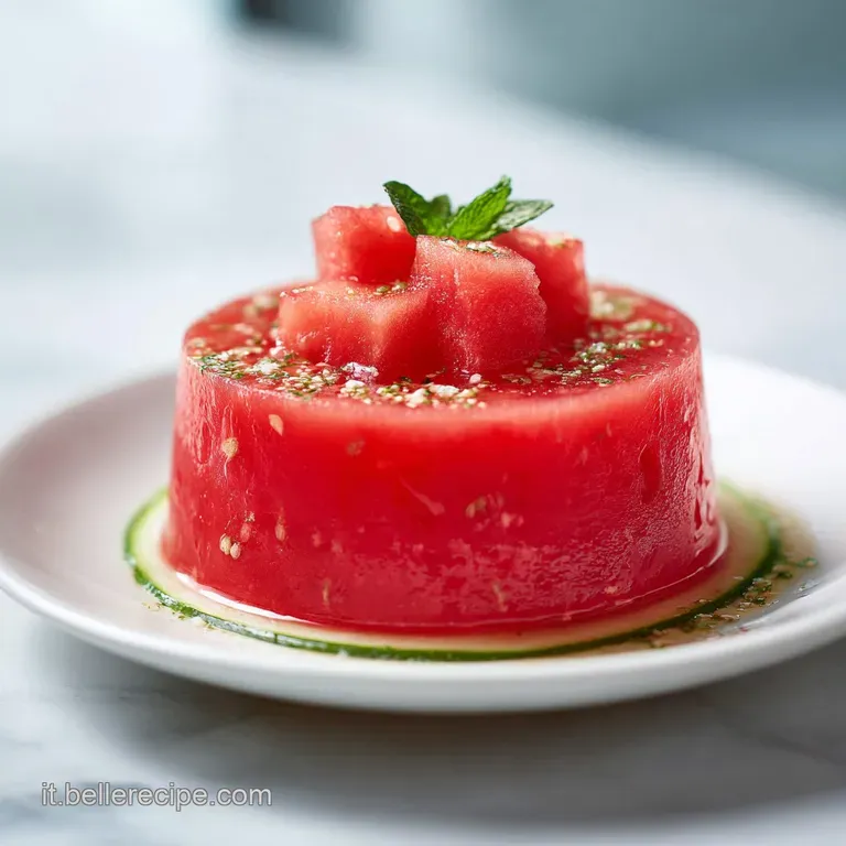 Slice of cool watermelon dome, the creamy layers exposed, sits on a white plate; summery, light dessert perfection.